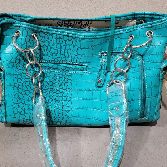 NWOT Cowgirl Trendy Turquoise and Brown Women's Bag w/rhinestones - Picture 3 of 7